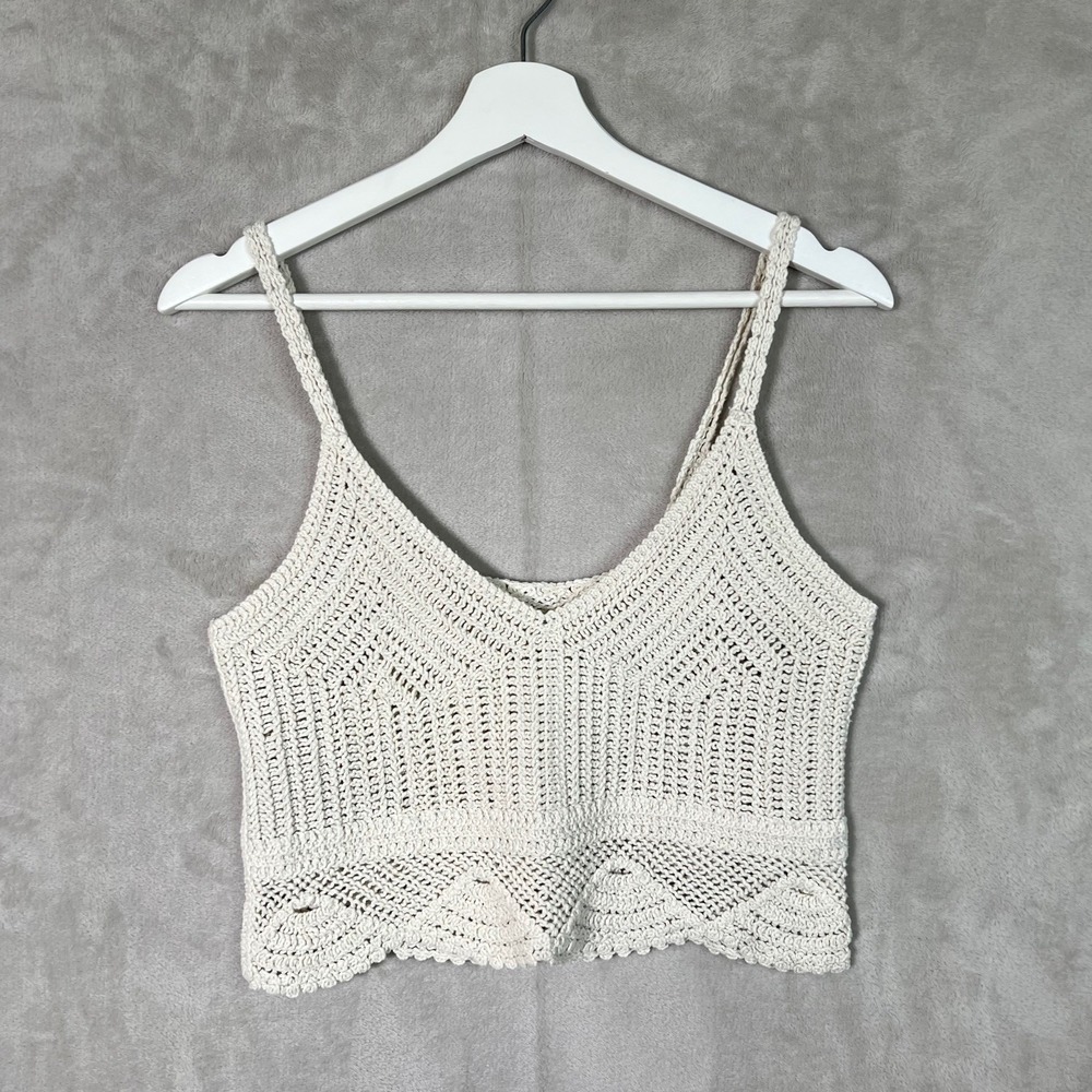 Crochet Tank Top Cream Crop Knit XS/S Boho Festival Coachella Beach Summer